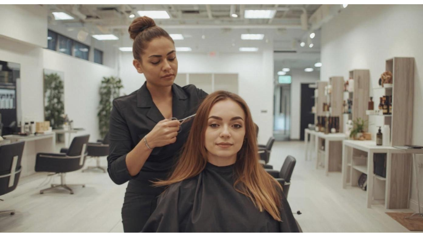 Hairdresser styling a client's hair in a modern salon